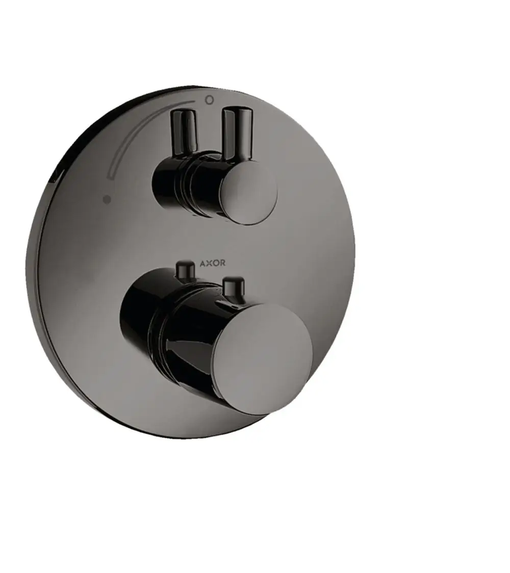 Thermostat mit zwei Bedienelementen in Schwarz. Gehäuse von AXOR, Unterputzmontage, geeignet für die Regelung von Wassertemperaturen in Badezimmern.